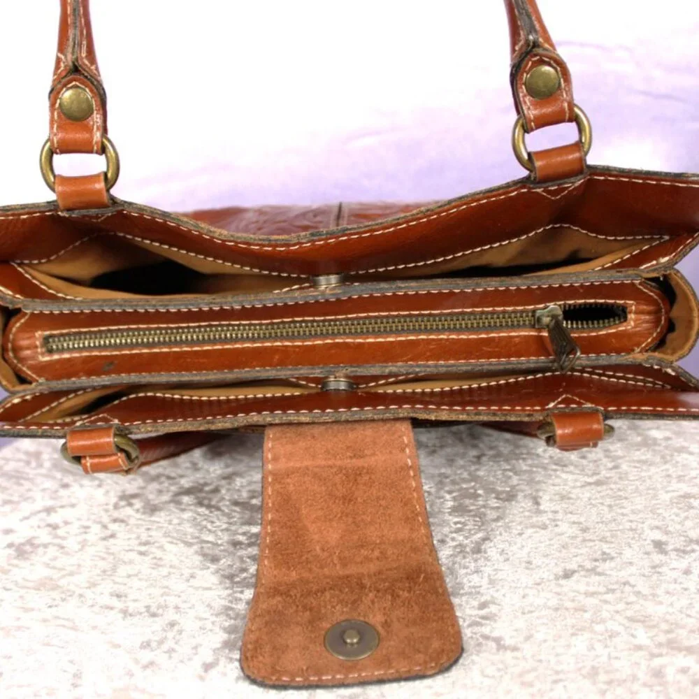 Patricia Nash Tooled Leather Satchel in Cognac Brown